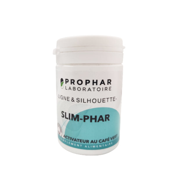 Prophar Slim-Phar Ligne et Silhouette au café vert, pilulier blanc de 50 gélules, étiquette turquoise