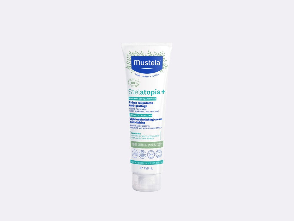 Mustela Stelatopia+ Crème Relipidante Anti-Grattage Bio 150ml — tube, émollient peaux très sèches à atopiques