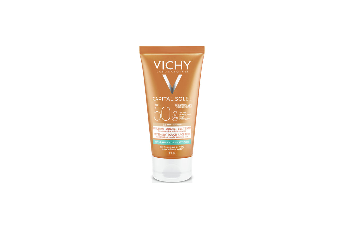 Vichy Capital Soleil BB Émulsion Anti-Brillance Teintée SPF50 50ml — tube de crème solaire visage teintée