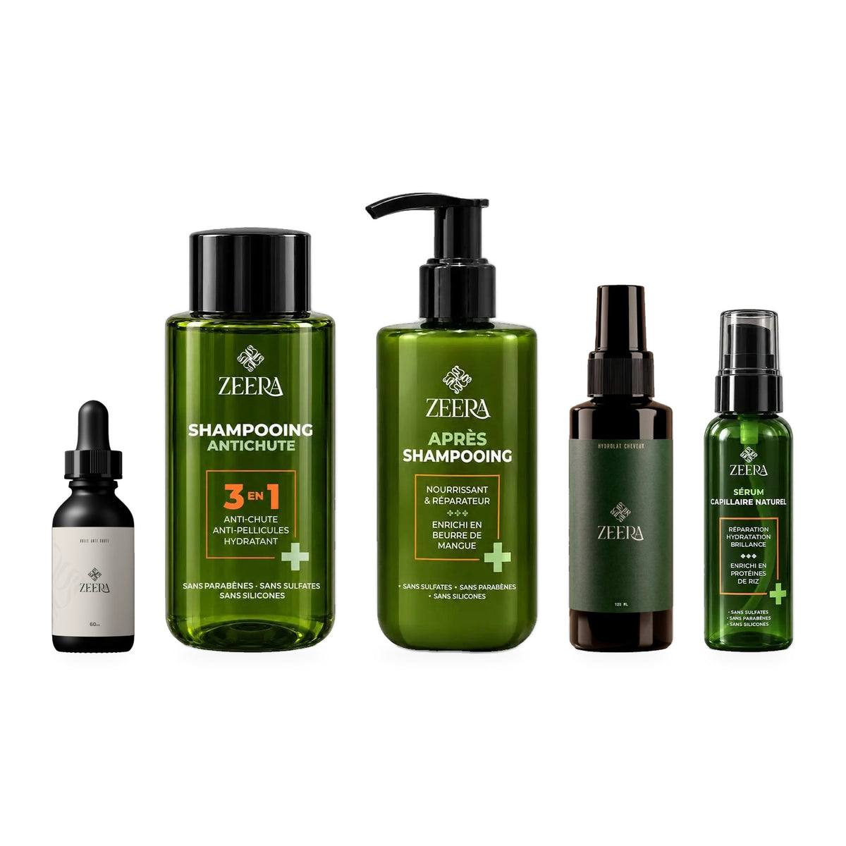 Pack Routine Complète Zeera 5 soins : huile anti-chute, shampoing 3en1, après-shampoing, hydrolat cheveux et sérum capillaire