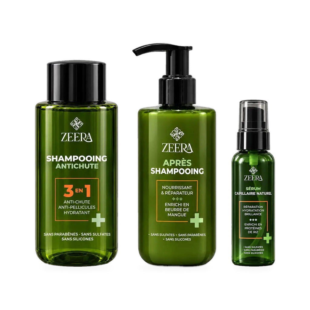 Pack Routine Longueurs Zeera : shampoing anti-chute 3en1, après-shampoing au beurre de mangue et sérum capillaire aux protéines de riz