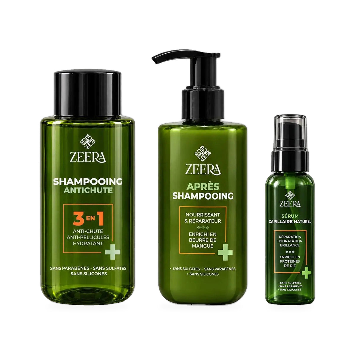 Pack Routine Longueurs Zeera : shampoing anti-chute 3en1, après-shampoing au beurre de mangue et sérum capillaire aux protéines de riz