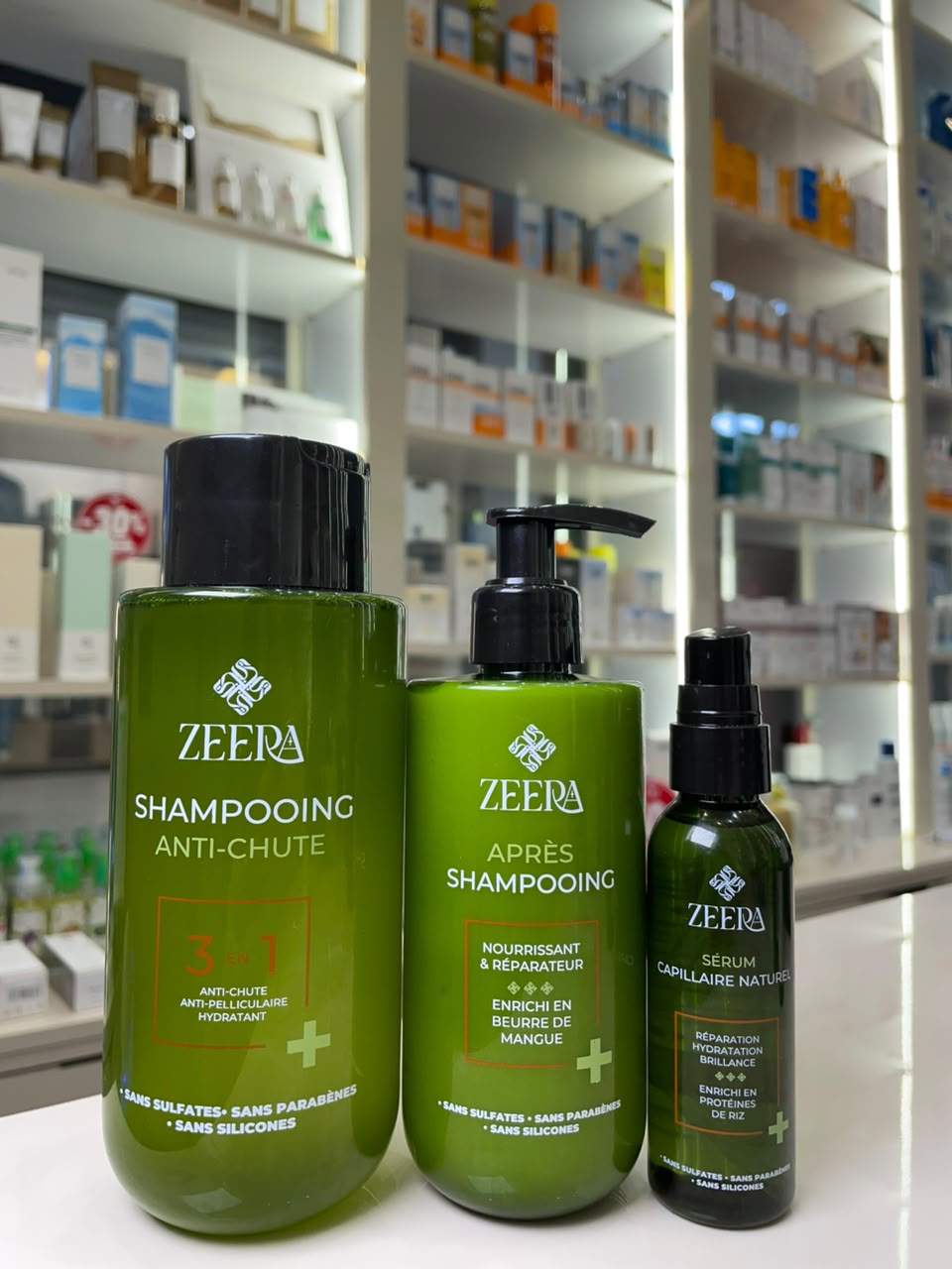 Zeera shampooing anti-chute 3en1, après-shampooing au beurre de mangue et sérum capillaire aux protéines de riz en boutique ParaSmart à Casablanca